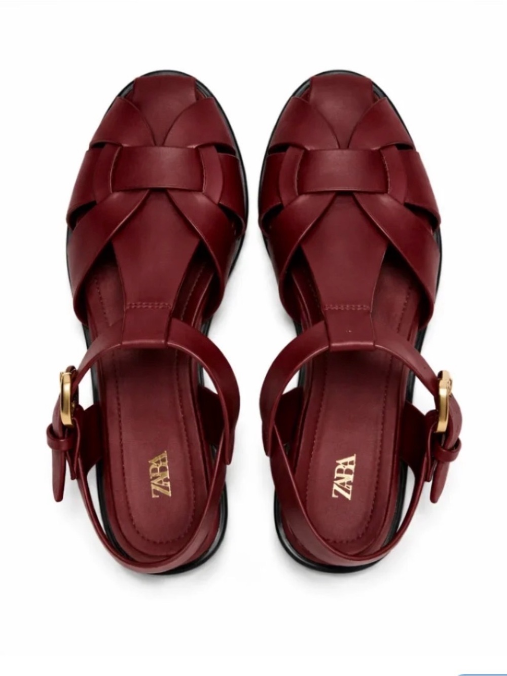 Zara Burgundy Leather Woven Fisherman Sandals with Gold Buckle - Picture 3 of 3
